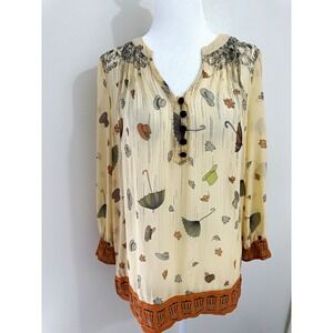 Floreat Cream Printed Tie-Neck Blouse with Rust Trim